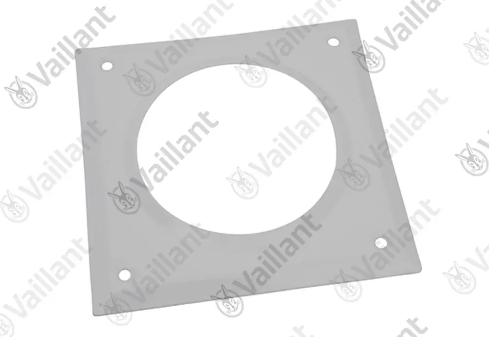 Vaillant-Rosette aus leichtem Material mit rechteckiger Form und rundem Ausschnitt in der Mitte, geeignet für ein Abgassystem. vier Montagelöcher an den Ecken.